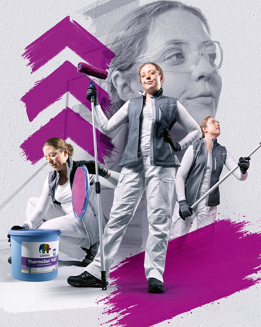 3 pink arrows and collage of a painter in white clothing