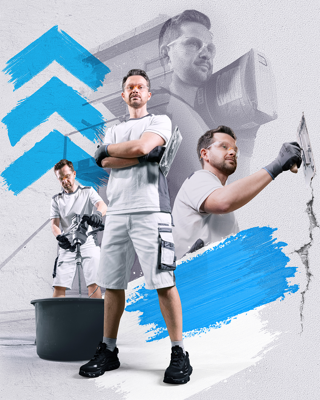 3 blue arrows and collage of a worker in white clothing